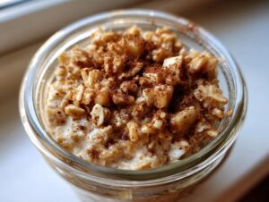 Close-up overhead view of creamy apple cinnamon overnight oats topped with chopped nuts and cinnamon.