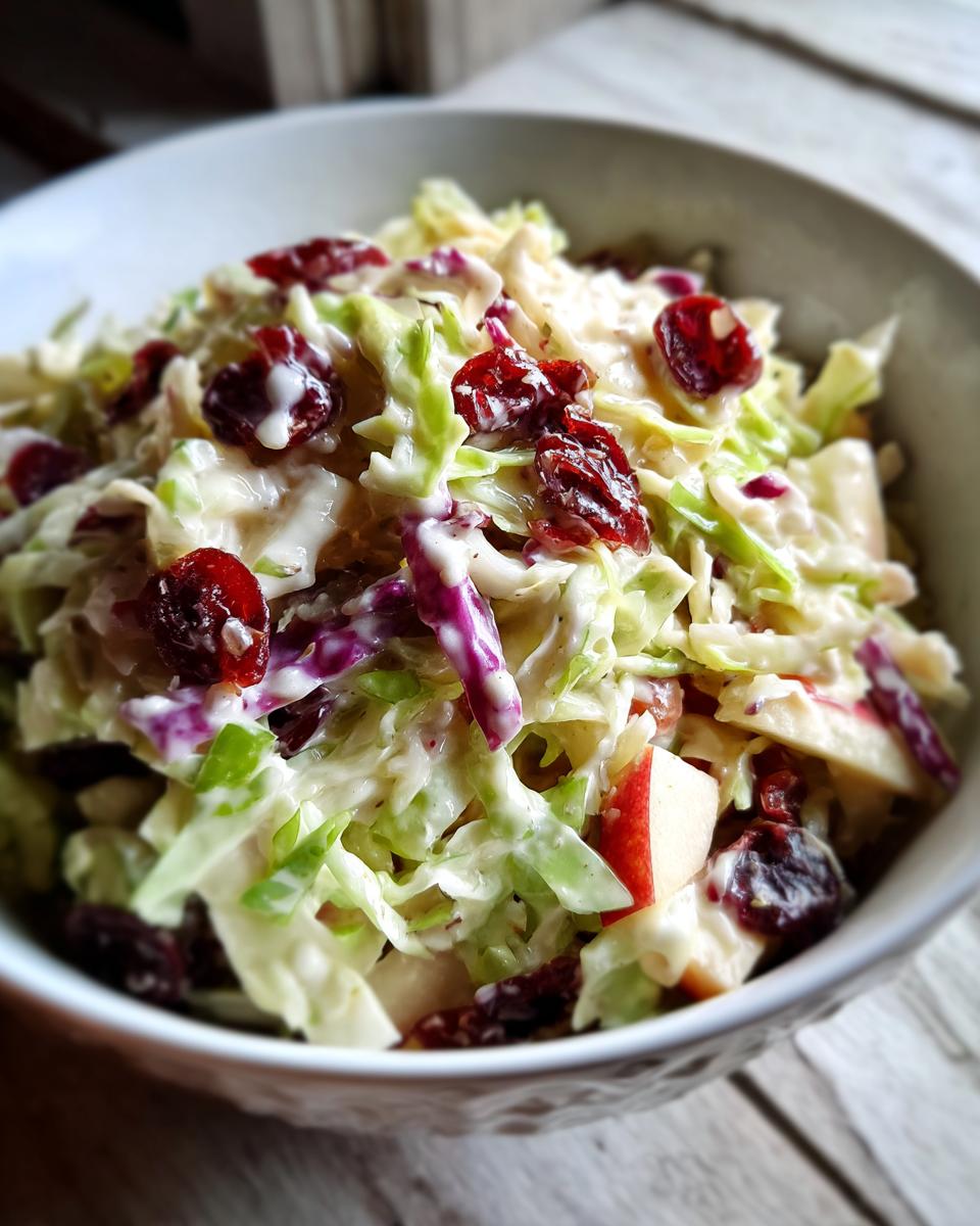 Close-up of a white bowl filled with creamy apple cranberry coleslaw, featuring shredded cabbage, red apple chunks, and dried cranberries.