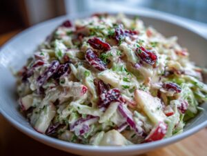A close-up, featured image of creamy apple cranberry coleslaw topped with dried cranberries and fresh herbs.