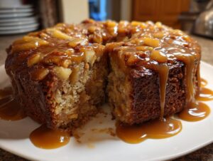 A slice removed from a moist apple dapple cake covered in thick caramel sauce and cooked apple chunks.