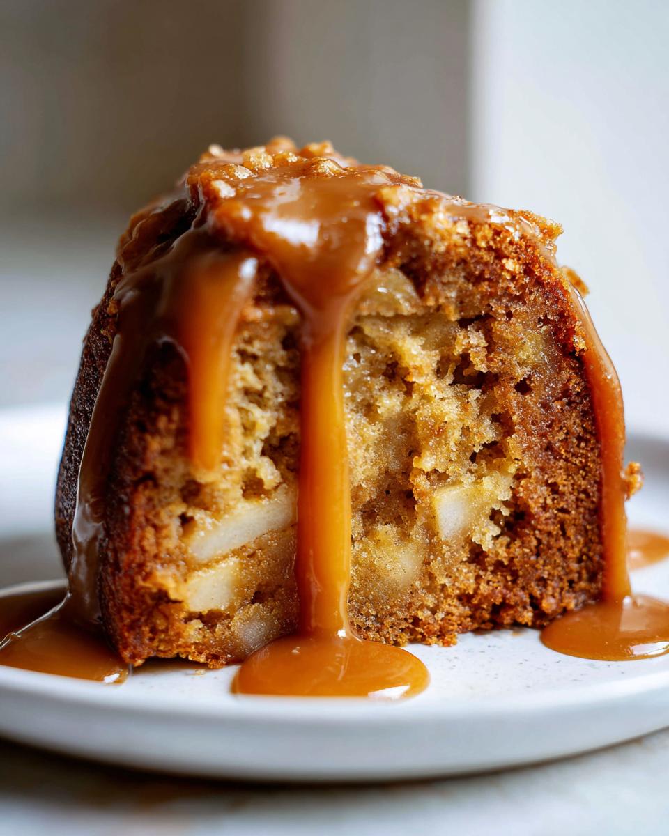 Close-up of a moist slice of apple dapple cake generously covered in dripping caramel sauce.