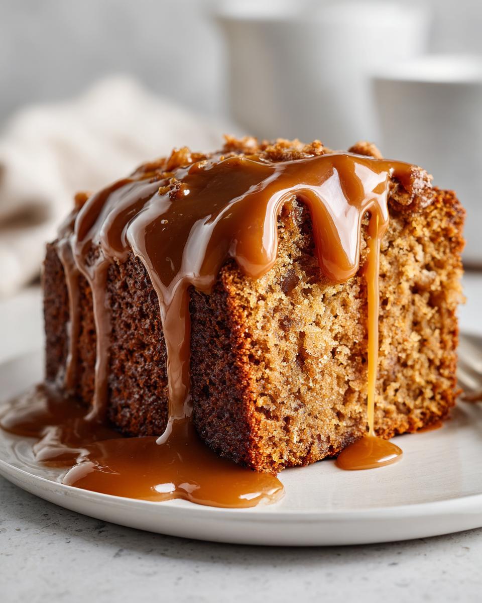 Close-up of a moist slice of apple dapple cake generously topped with rich caramel sauce.