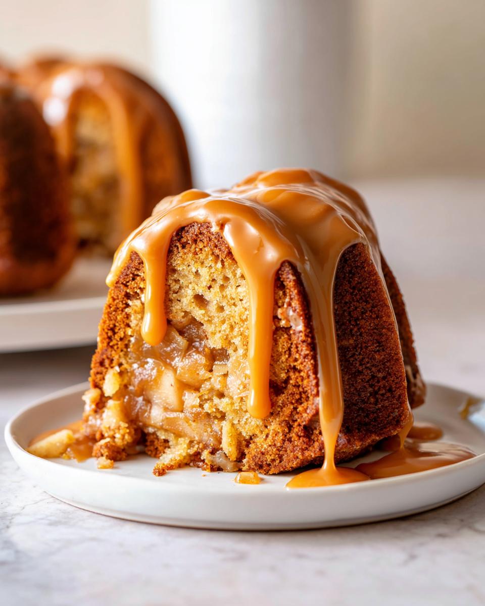 A moist slice of apple dapple cake filled with cooked apples and generously topped with flowing caramel sauce.