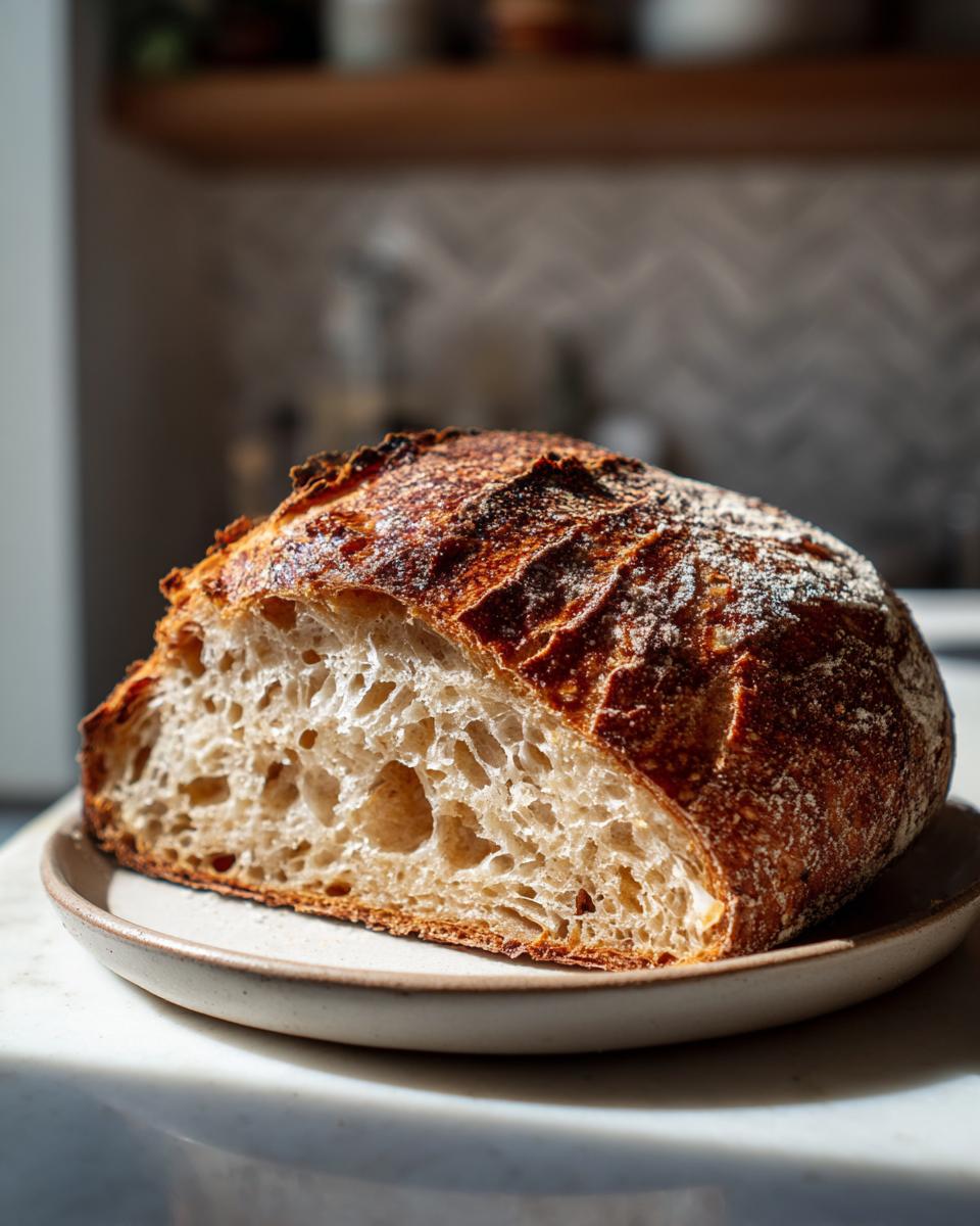A loaf of artisan bread cut in half, showing an open, airy crumb structure and dark, crusty exterior.