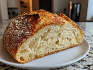 Close-up of a freshly baked artisan bread loaf, showing its open, airy crumb structure and golden-brown crust.