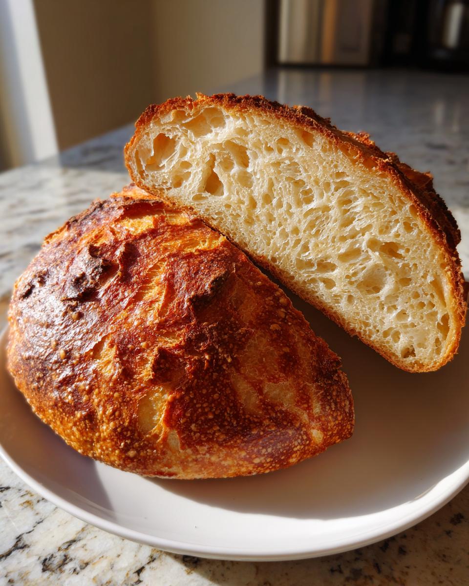 A loaf of golden-crusted artisan bread cut in half, displaying a light, airy interior crumb structure.