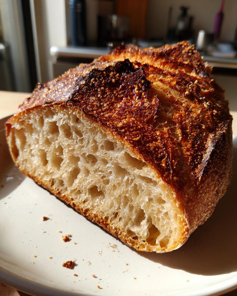 Close-up of a freshly baked artisan bread slice showing an open, airy crumb structure and dark, crusty top.