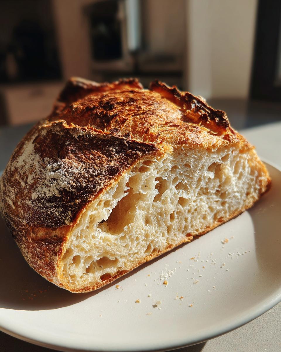 A close-up of a freshly baked artisan bread loaf, showing a thick, dark crust and an open, airy crumb structure.