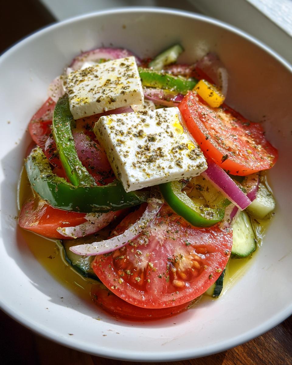 Close-up of a vibrant greek salad featuring thick slices of tomato, cucumber, red onion, green pepper, and two blocks of feta cheese seasoned with oregano.
