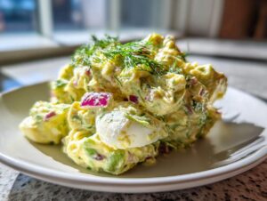 A mound of creamy avocado egg salad featuring chunks of egg, red onion, and topped with fresh dill.