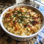 Close-up of a creamy baked onion dip casserole topped with crispy onions and fresh chives.