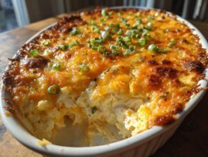 A close-up of a bubbling, baked hot crab dip in a white oval dish, topped with melted orange cheese and green onions.