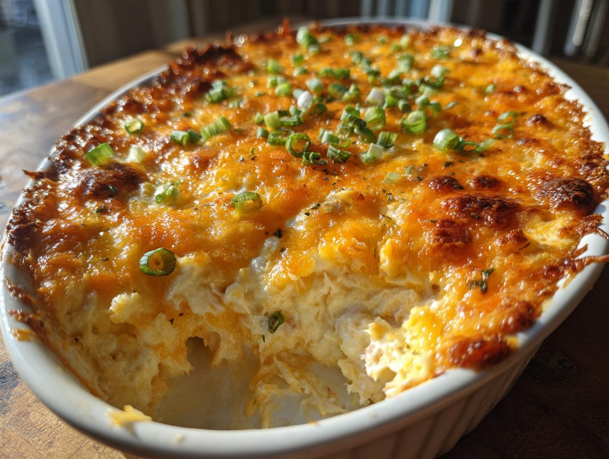 A close-up of a bubbling, baked hot crab dip in a white oval dish, topped with melted orange cheese and green onions.