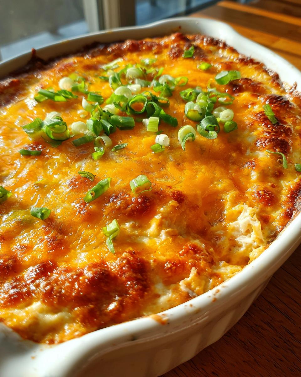 Close-up of a bubbly, baked hot crab dip topped with melted cheddar cheese and fresh green onions.