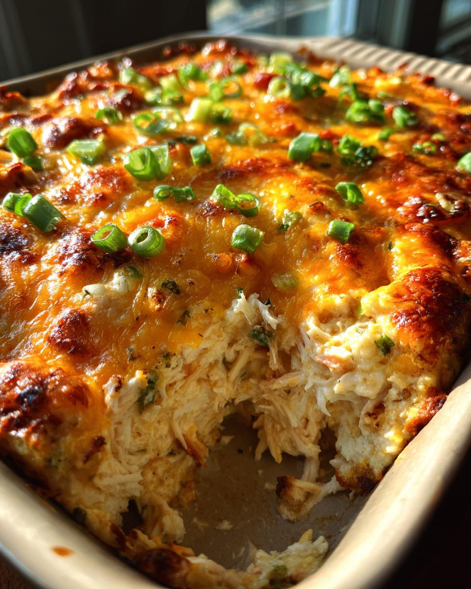Close-up of a bubbly, baked hot crab dip topped with melted cheddar and green onions.