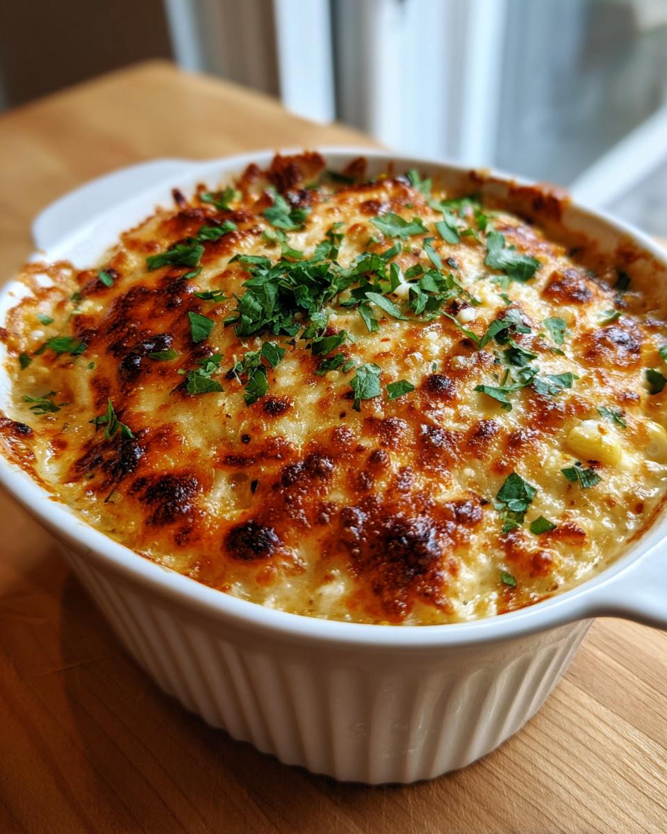 Close-up of hot, bubbly Mexican street corn dip in a white baking dish, topped with browned cheese and fresh parsley.