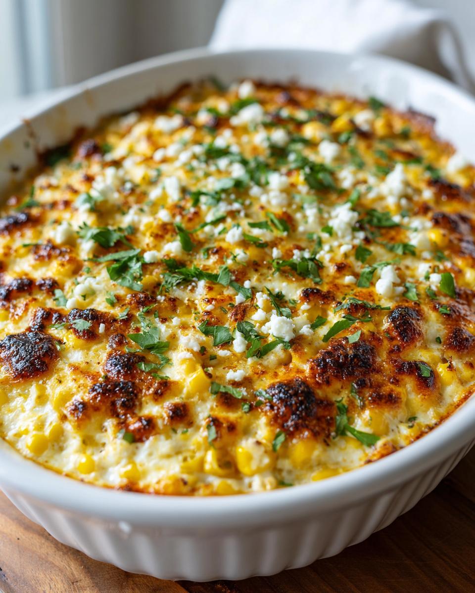 Close-up of a bubbling, baked Mexican street corn dip topped with cotija cheese and cilantro.
