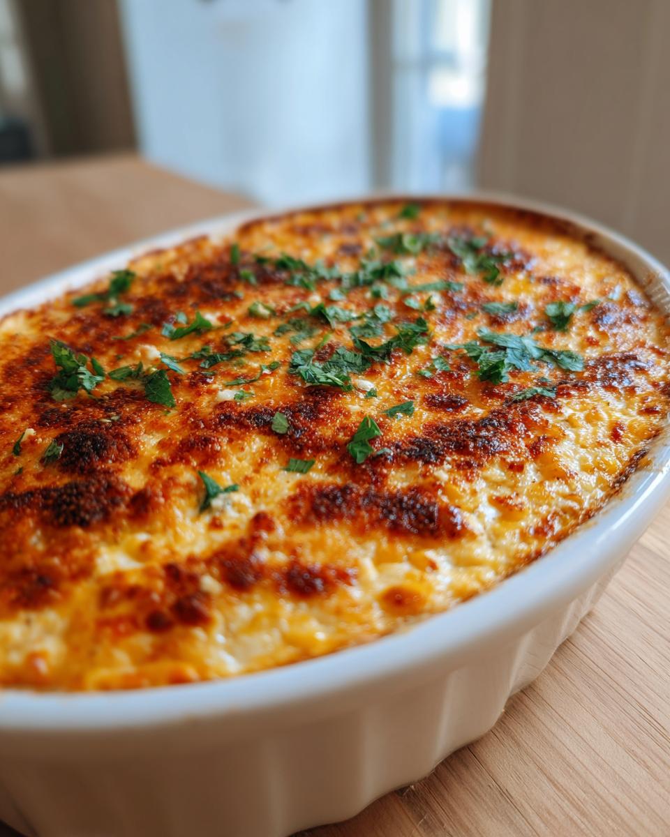 Close-up of hot, bubbly Mexican street corn dip with a golden-brown, cheesy top garnished with fresh cilantro.