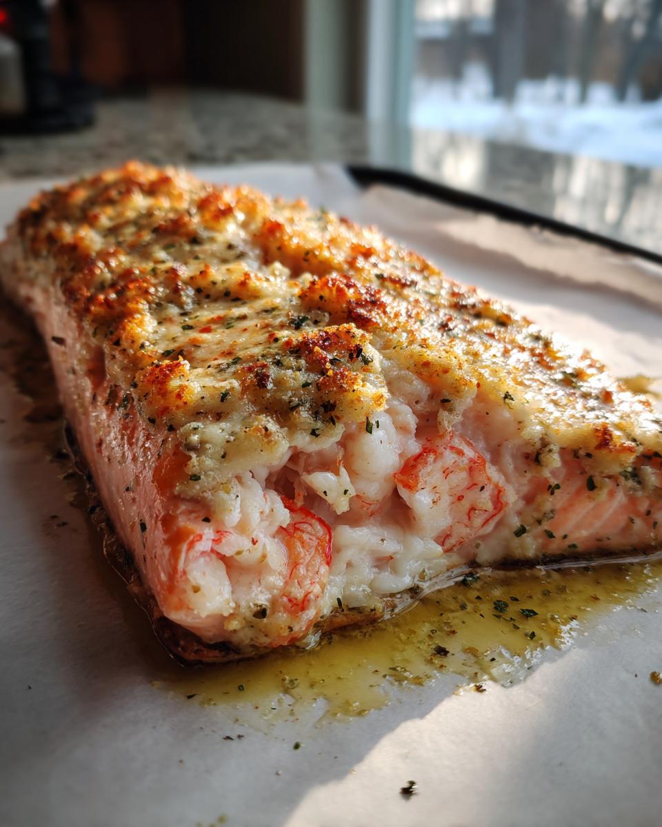 Close-up of a baked stuffed salmon fillet showing a creamy shrimp filling and golden, herbed crust.