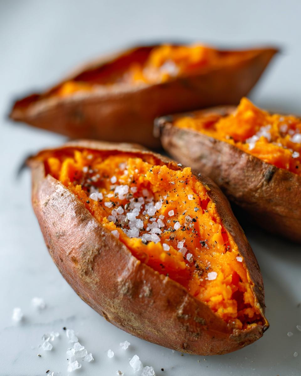 Close-up of fluffy baked sweet potatoes split open and topped with coarse sea salt and pepper.