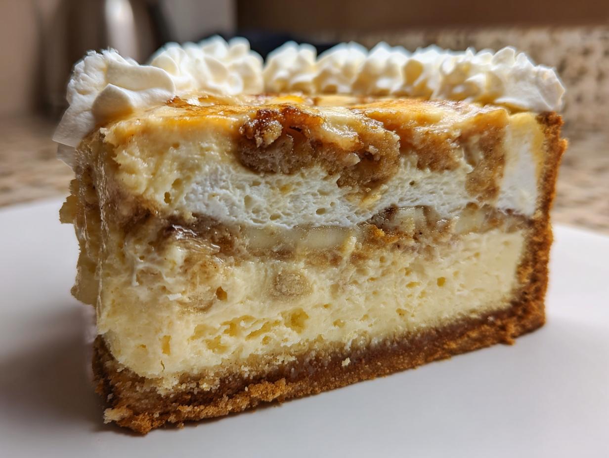 Close-up of a thick slice of banana cream cheesecake showing layers of graham cracker crust, creamy filling, and banana pieces, topped with piped whipped cream.