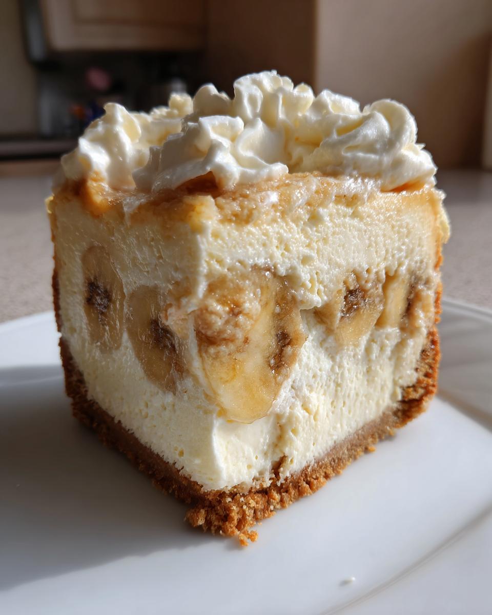 A perfect square slice of banana cream cheesecake featuring banana slices embedded in the filling and topped with whipped cream.