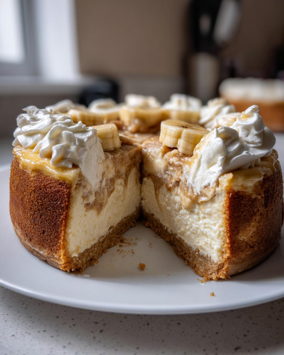 A rich banana cream cheesecake with a slice removed, topped with whipped cream and banana slices.