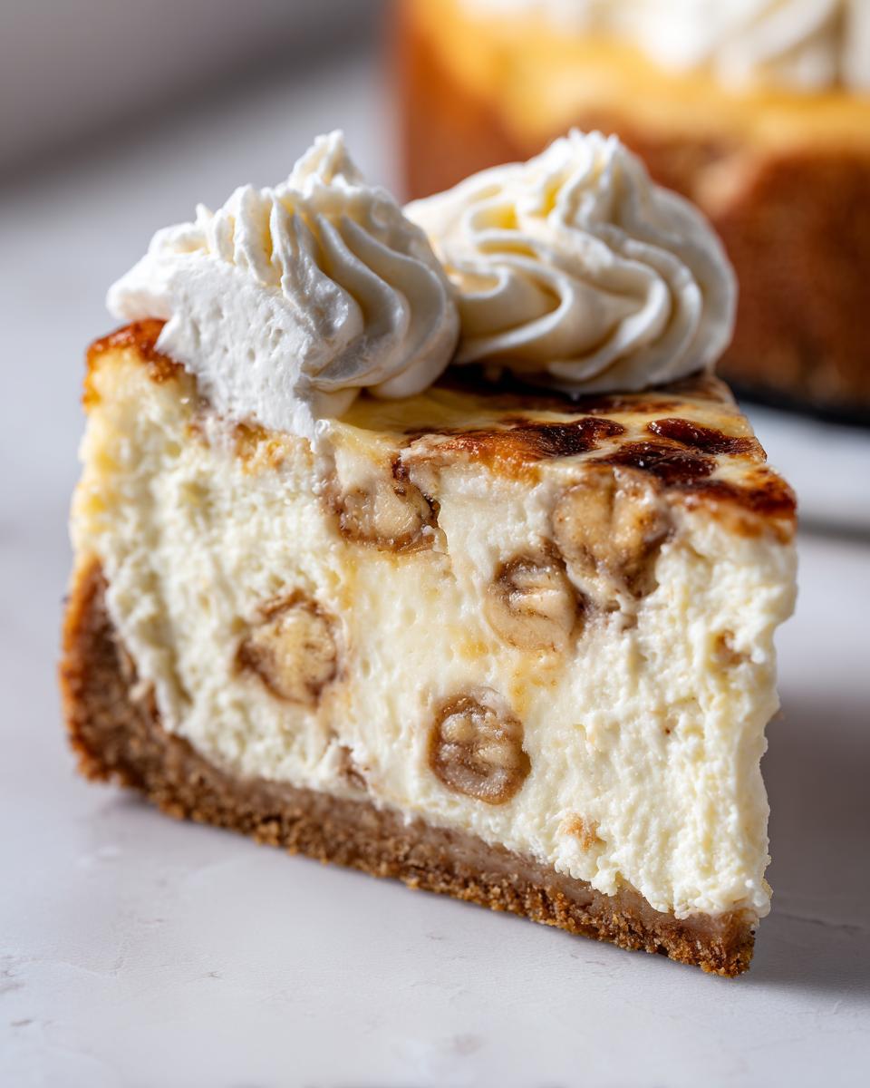 Close-up of a rich slice of banana cream cheesecake featuring banana pieces baked inside and topped with piped whipped cream.
