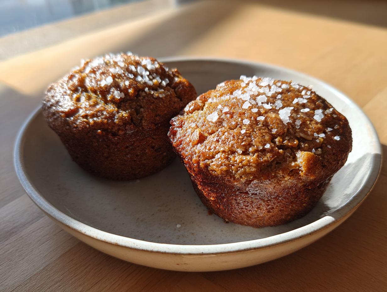 Two freshly baked banana oatmeal muffins topped with coarse sea salt, resting on a light ceramic plate.
