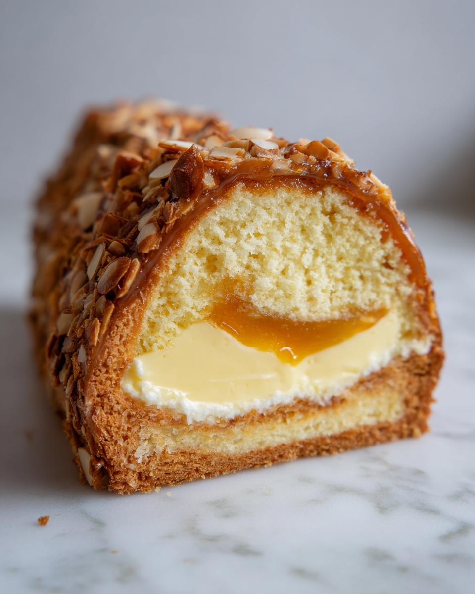 Close-up cross-section of a bee sting cake showing layers of sponge, cream filling, apricot jam, and caramelized almond topping.