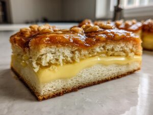 A cross-section view of a rich bee sting cake showing layers of fluffy dough, creamy vanilla filling, and a crunchy honey-almond topping.