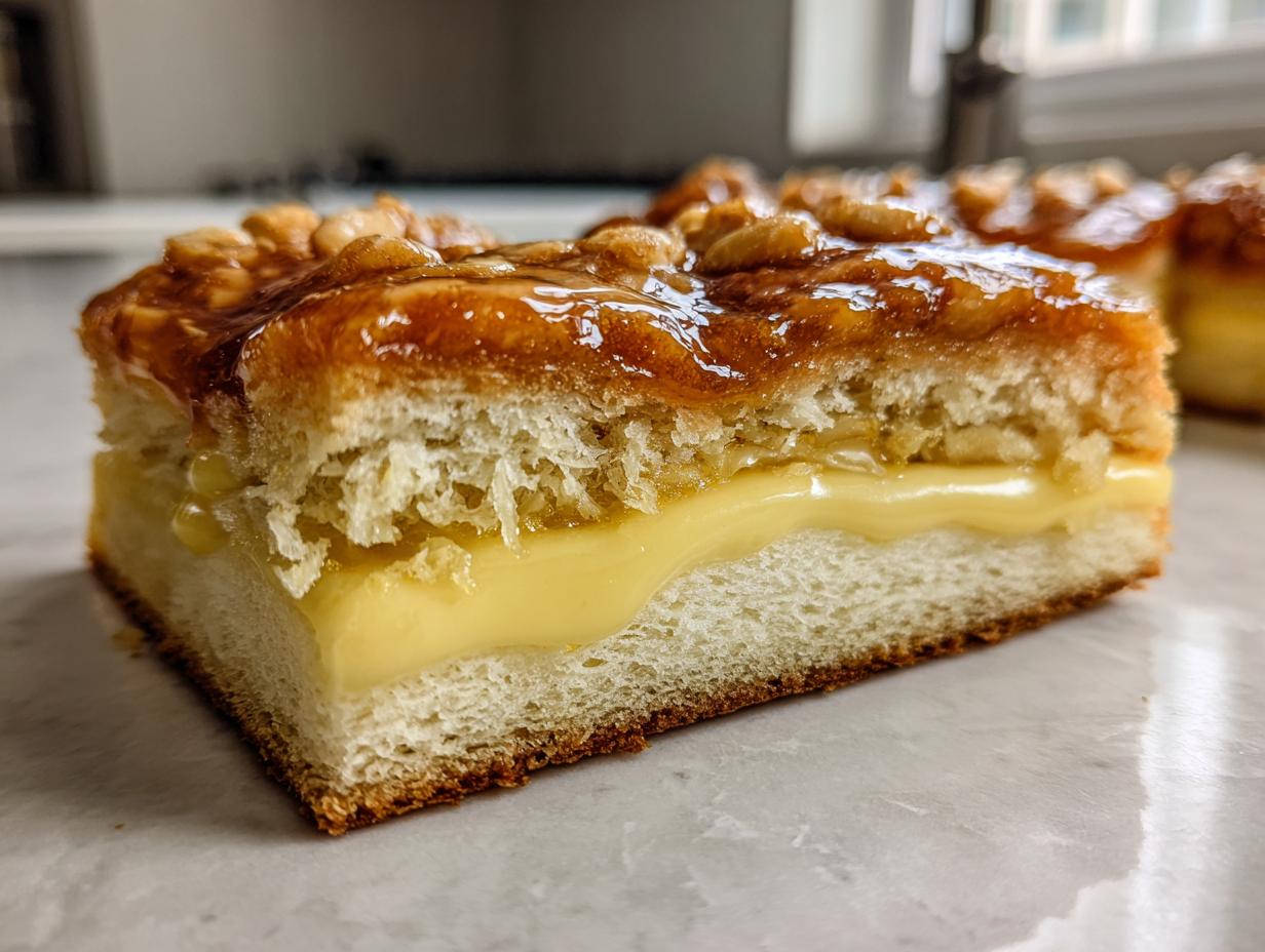 A cross-section view of a rich bee sting cake showing layers of fluffy dough, creamy vanilla filling, and a crunchy honey-almond topping.