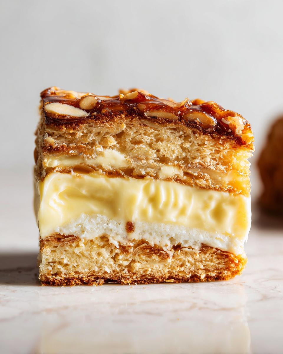 Close-up of a layered slice of bee sting cake showing sponge, creamy filling, and caramelized almond topping.
