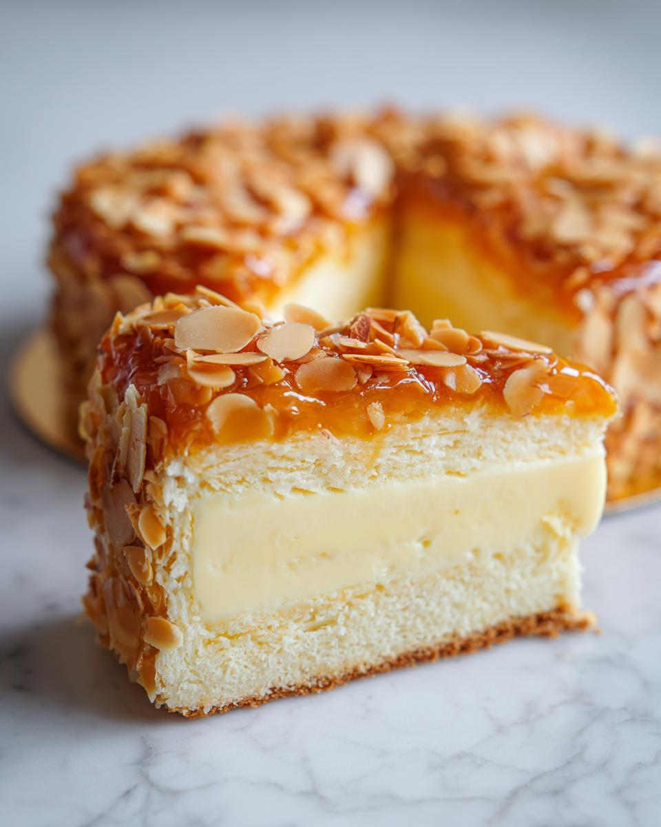 A close-up slice of bee sting cake showing layers of sponge, thick vanilla cream filling, and a caramelized almond topping.