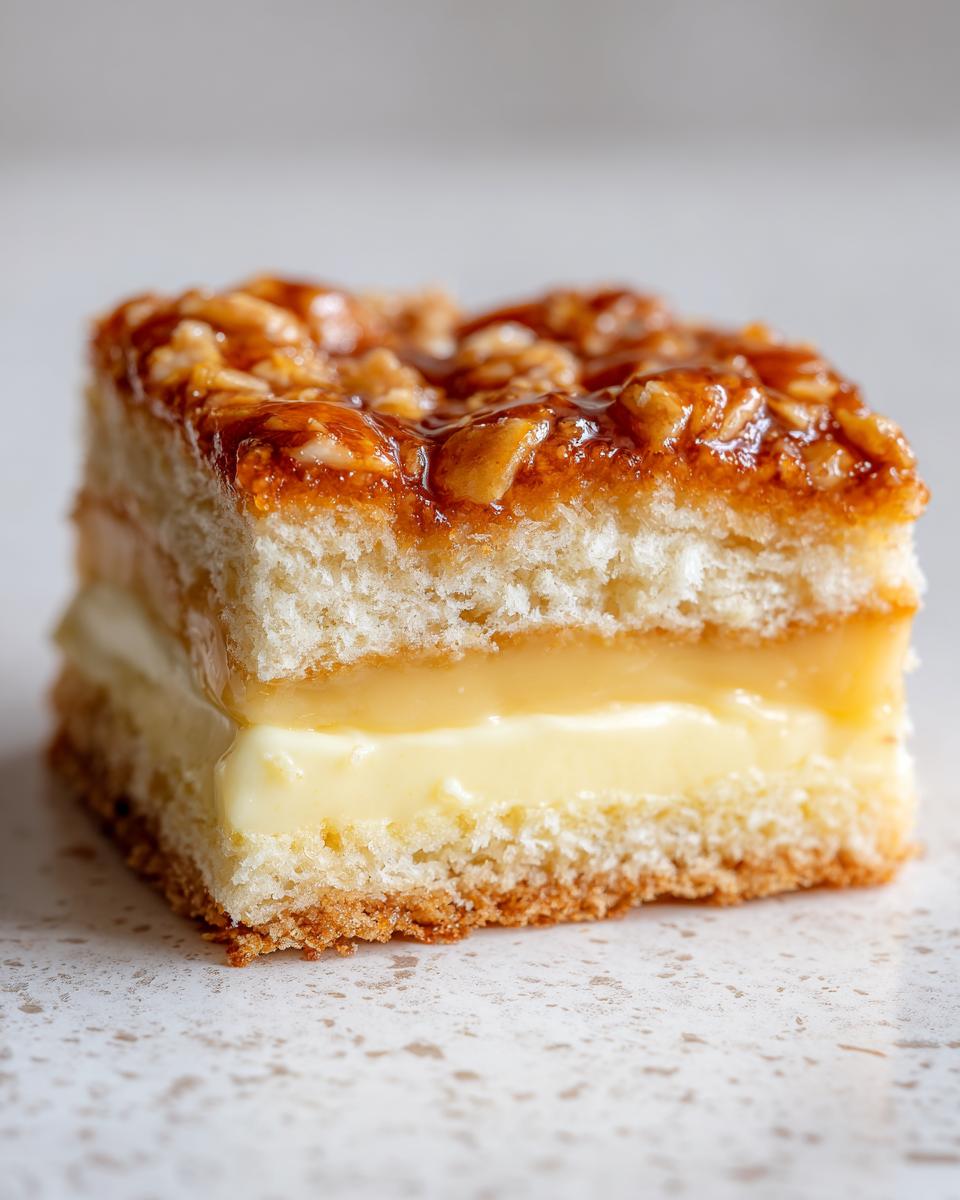 Cross-section of a moist bee sting cake showing layers of sponge, vanilla cream filling, and caramelized nut topping.