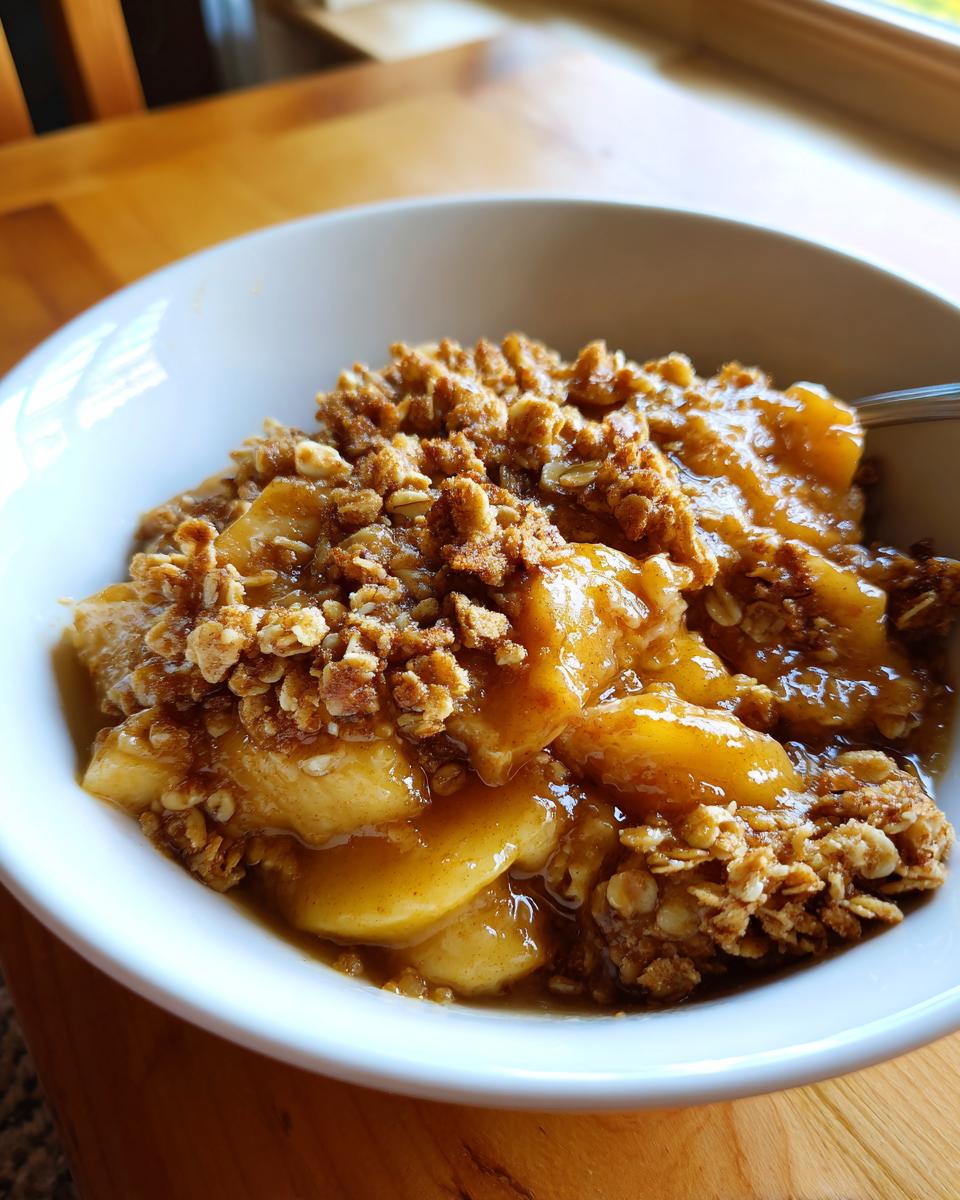 A close-up of a serving of the best apple crisp recipe, featuring soft, saucy apples topped with a crunchy oat crumble in a white bowl.