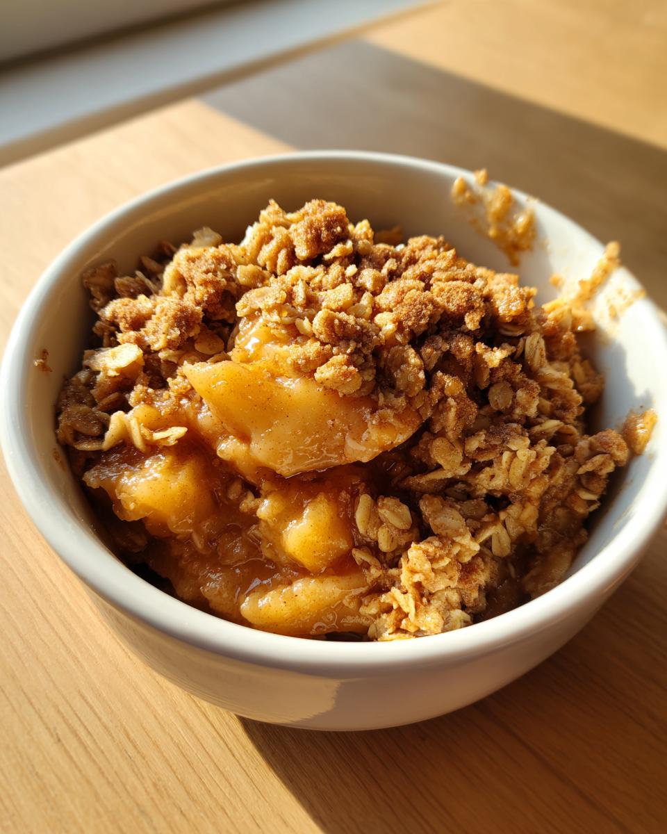 Close-up of a warm, golden serving of apple crisp recipe featuring soft, spiced apples and a crunchy oat topping in a white bowl.