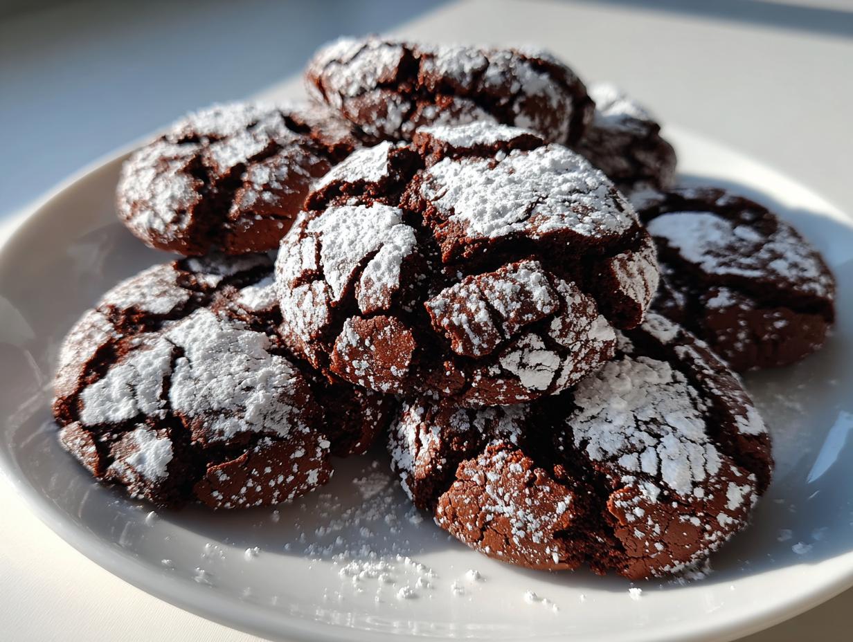 A close-up of several rich, dark chocolate crinkle cookies heavily dusted with white powdered sugar on a white plate.