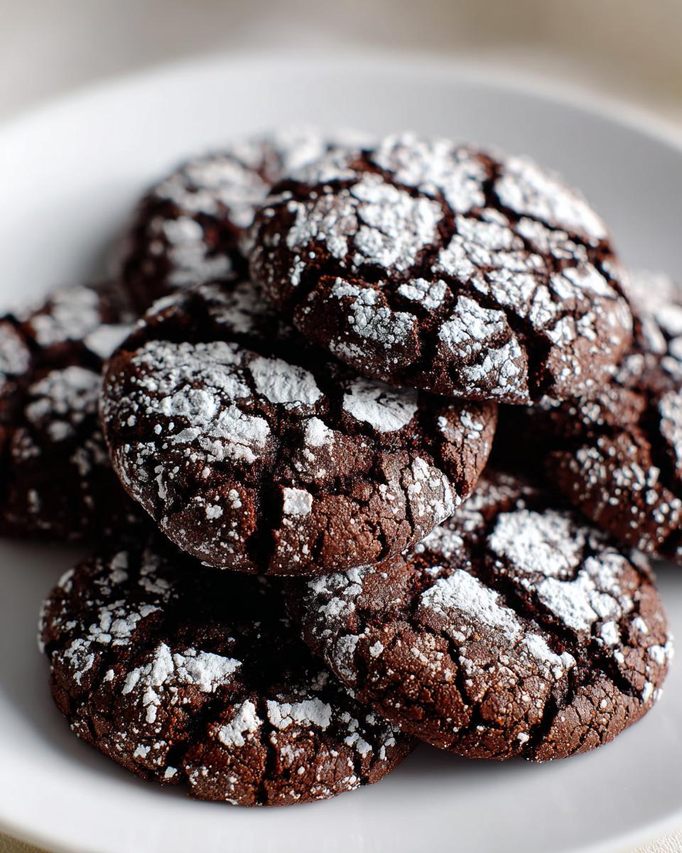 A close-up stack of rich, dark chocolate crinkle cookies dusted heavily with powdered sugar.