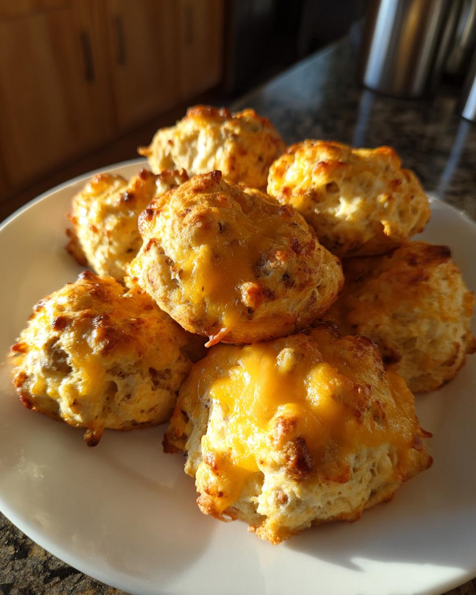 A plate of freshly baked bisquick sausage balls topped with melted cheddar cheese, illuminated by sunlight.