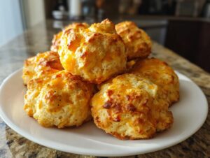 A stack of golden brown, cheesy Bisquick sausage balls served on a white plate.