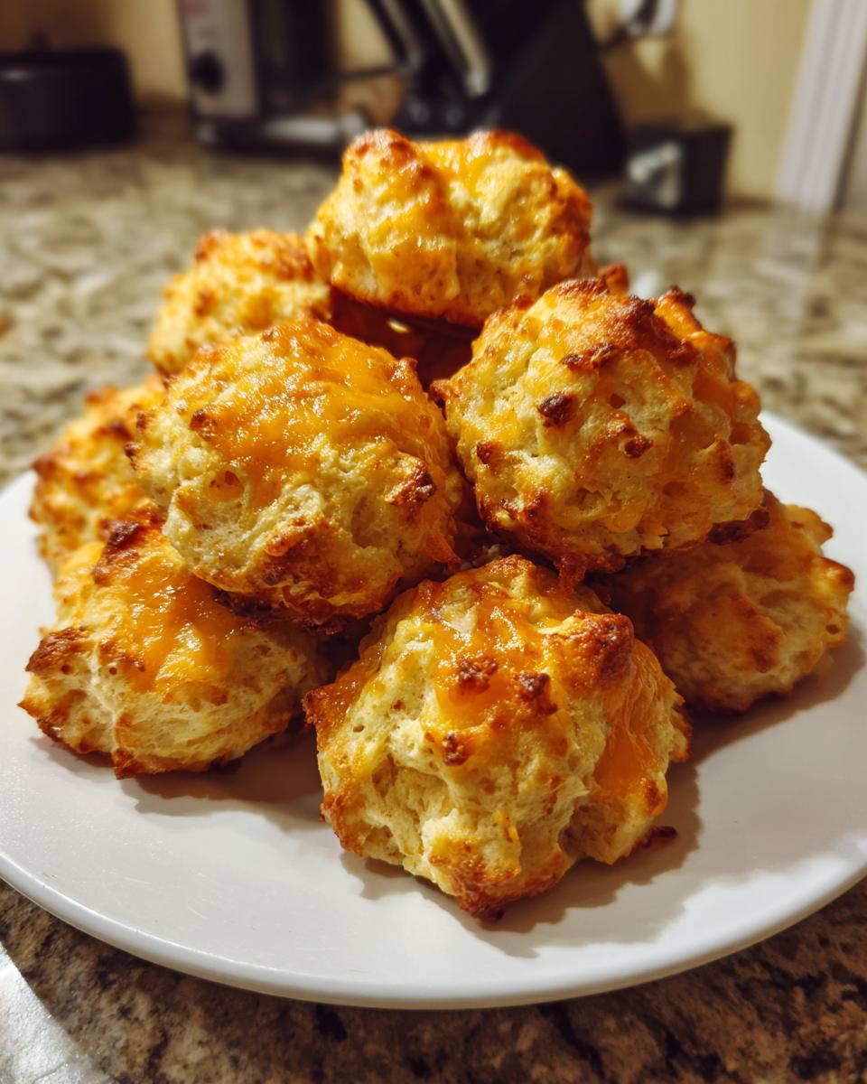 A stack of freshly baked, golden brown Bisquick sausage balls topped with melted cheddar cheese on a white plate.