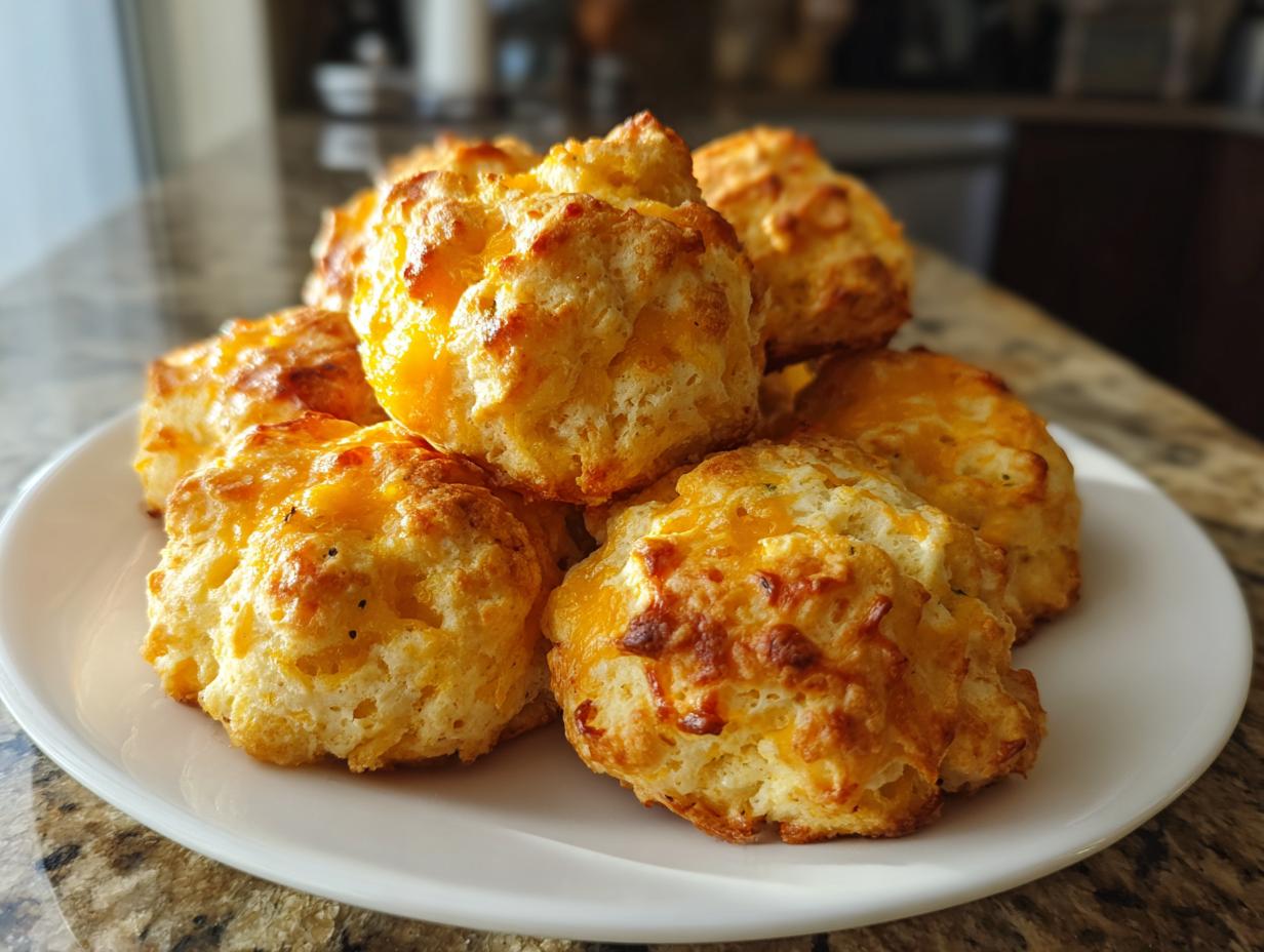 A stack of golden brown, cheesy Bisquick sausage balls served on a white plate.