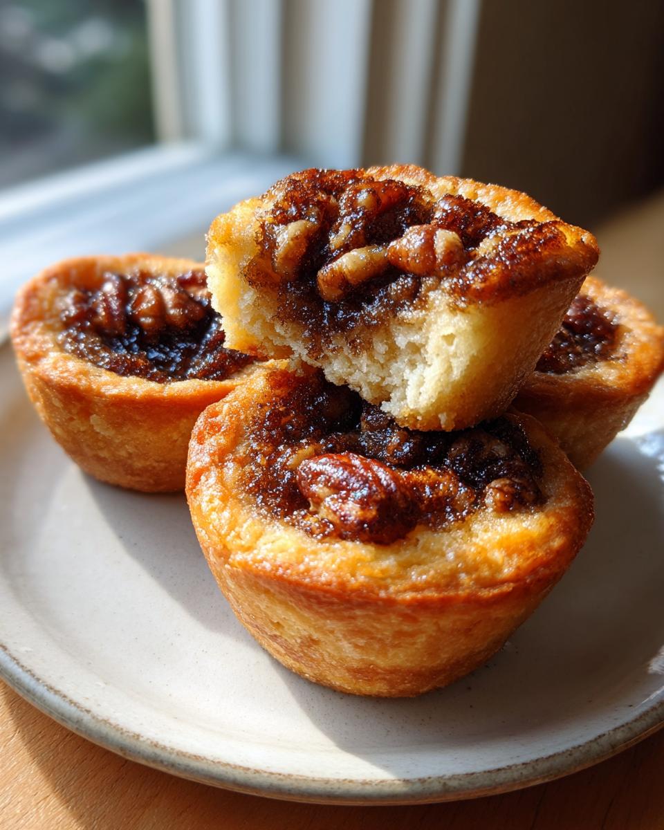Three golden-brown pecan tassies stacked on a plate, one on top broken open to show the gooey filling.