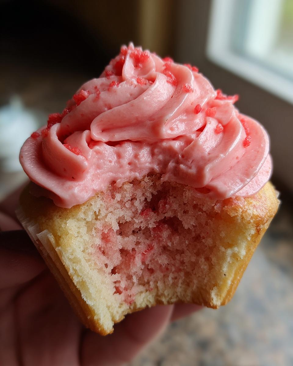 Close-up of a strawberry cupcake with a bite taken out, showing moist cake and pink strawberry frosting with sprinkles.