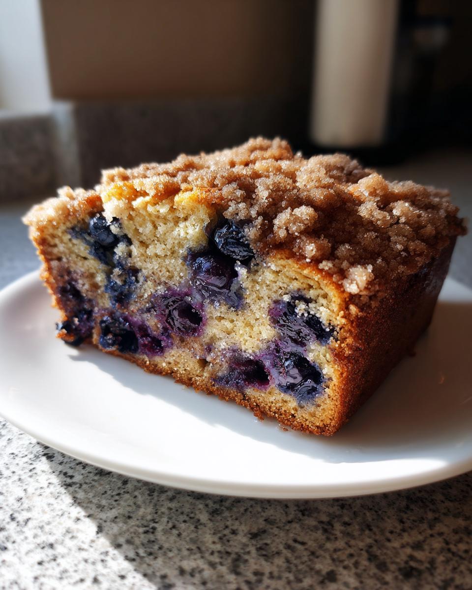 Close-up of a moist slice of blueberry banana bread topped with brown sugar streusel.