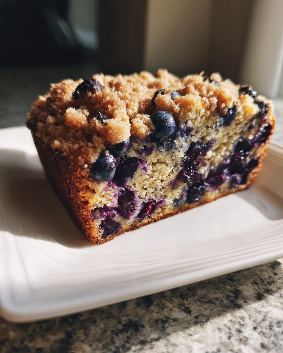 A close-up slice of moist blueberry banana bread topped with a brown sugar streusel, sitting on a white plate.