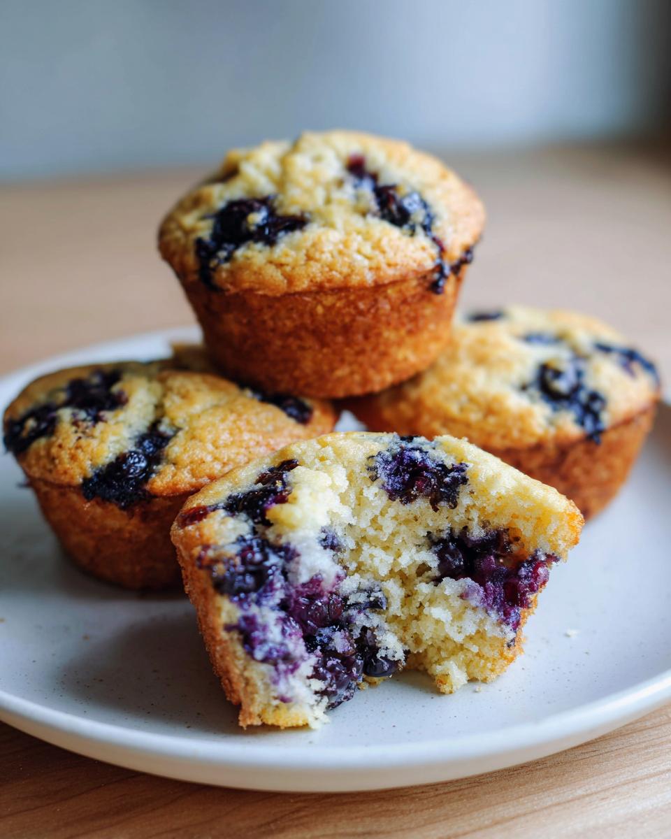 Close-up of blueberry protein muffins, one broken open showing the moist interior and blueberries.