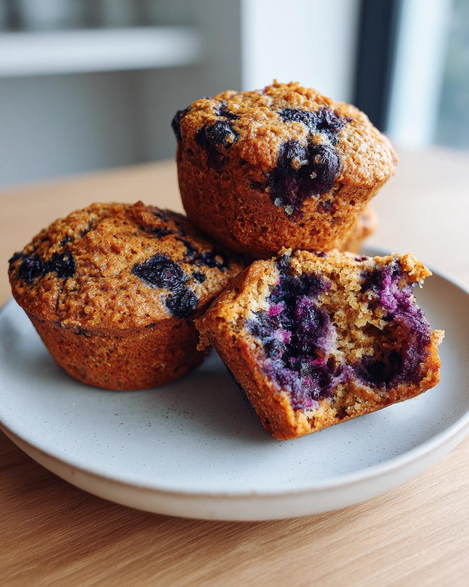 Three golden brown blueberry protein muffins stacked on a light plate, one broken open showing moist interior.