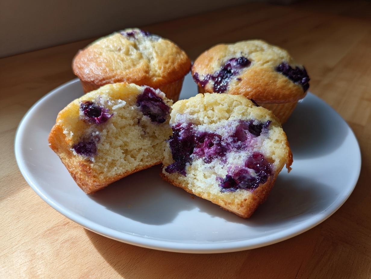 Close-up of two blueberry protein muffins, one cut in half showing the moist interior and berries.